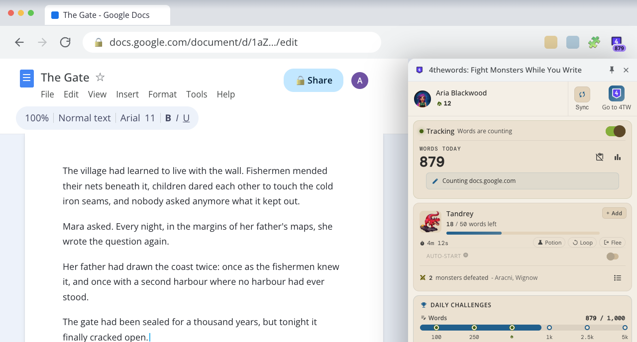 Google Docs in Chrome with the 4thewords side panel docked on the right, mid-battle