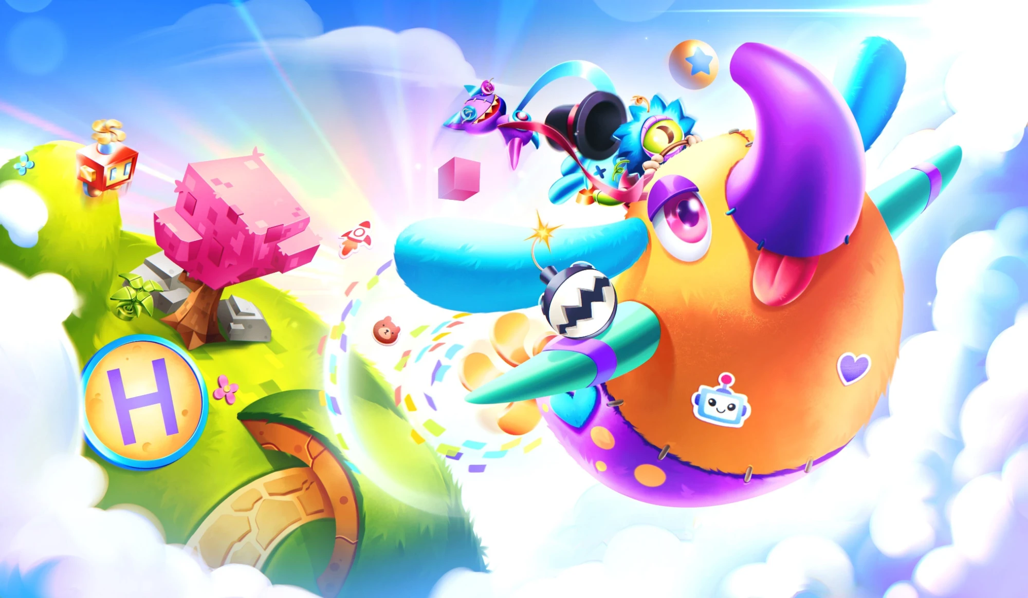 TOYPOPS key art: a fluffy toy monster flies over Toy World